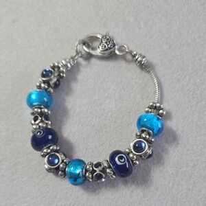 Elegant Blue and Silver Beaded Bracelet 7" Handcrafted